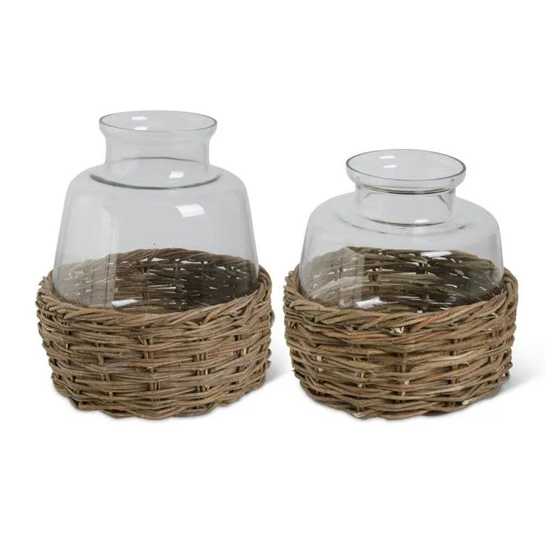 11" Clear Glass Vase in Woven Rattan Basket