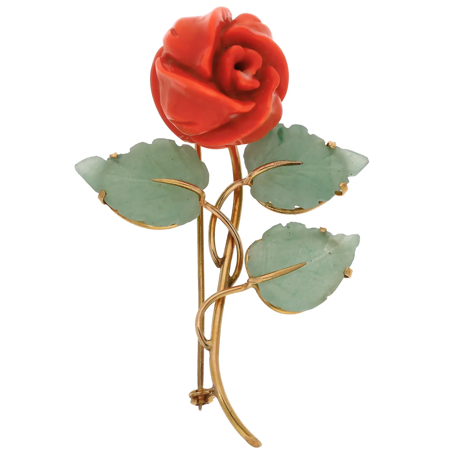 18K Yellow Gold Coral Flower with Jade Leaves Pin/Brooch