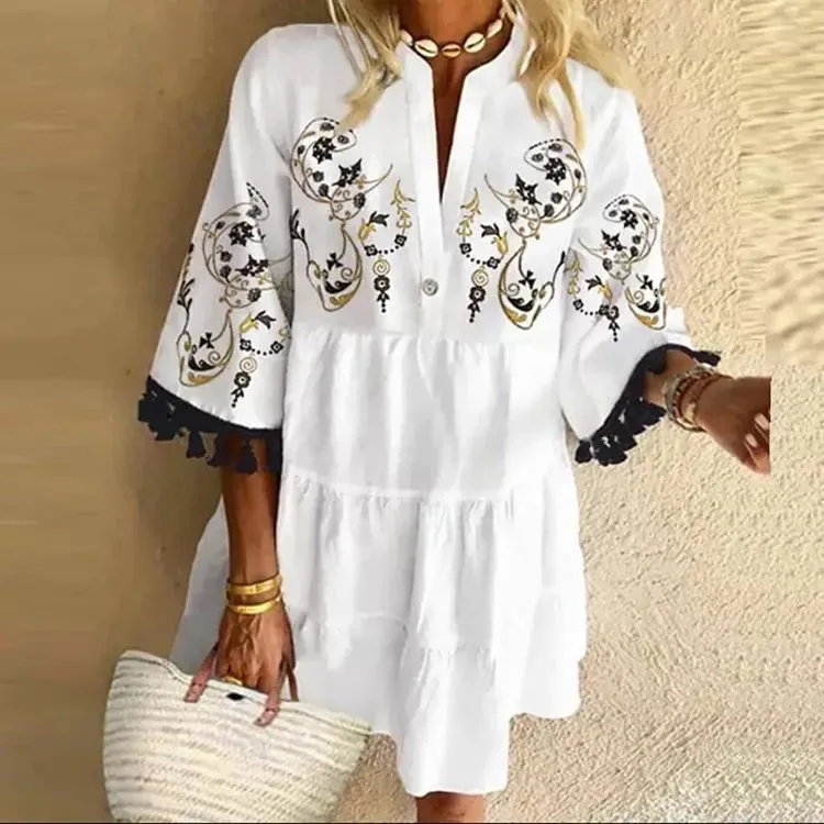 2024 Beach V-neck Ruffle Floral Printed Short Boho Dress