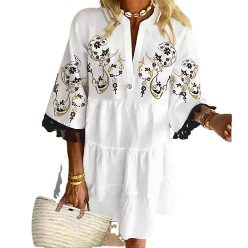 2024 Beach V-neck Ruffle Floral Printed Short Boho Dress