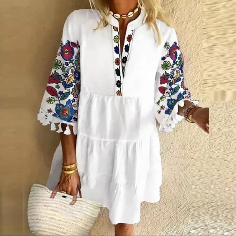 2024 Beach V-neck Ruffle Floral Printed Short Boho Dress