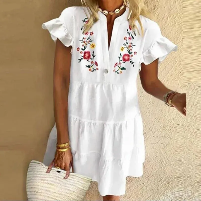 2024 Beach V-neck Ruffle Floral Printed Short Boho Dress