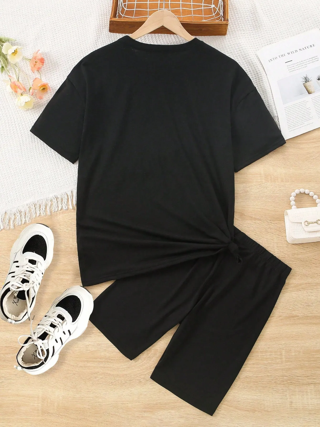 2pcs Women'S Fashionable Heart & Letter Print Short Sleeve T-Shirt And Shorts Set