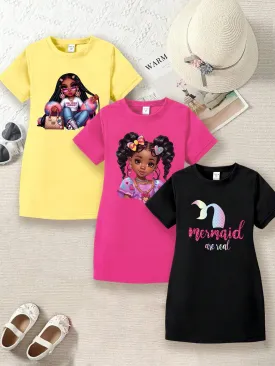 2pcs/Set Fashionable And Cute Short Sleeved T-Shirt Dress With Bow And Curly Hair Little Girl Print For Toddler Girls