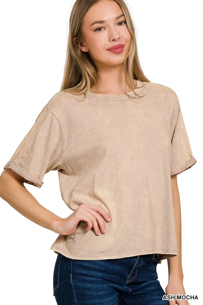 Acid Wash Short Sleeve Top in Sand, Green, Pink and Black