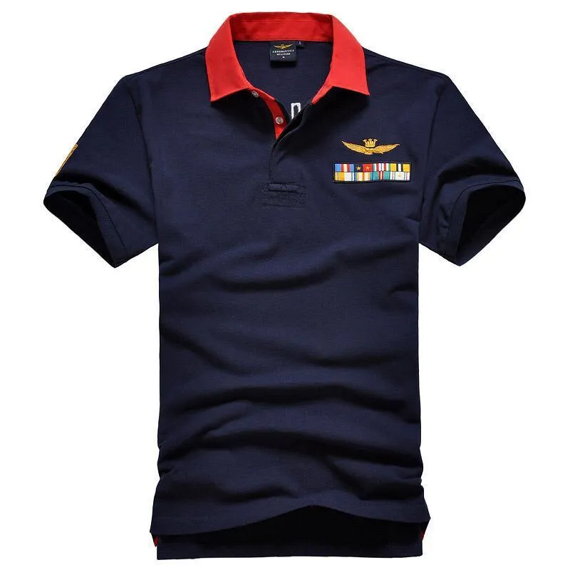 Aeronautical Polo Shirt Men's Navy Blue Short Sleeve With Rank Badge