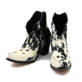 Agave Sky Women's Georgia Cowhide Scalloped Ankle Boots- Black/White Hair On