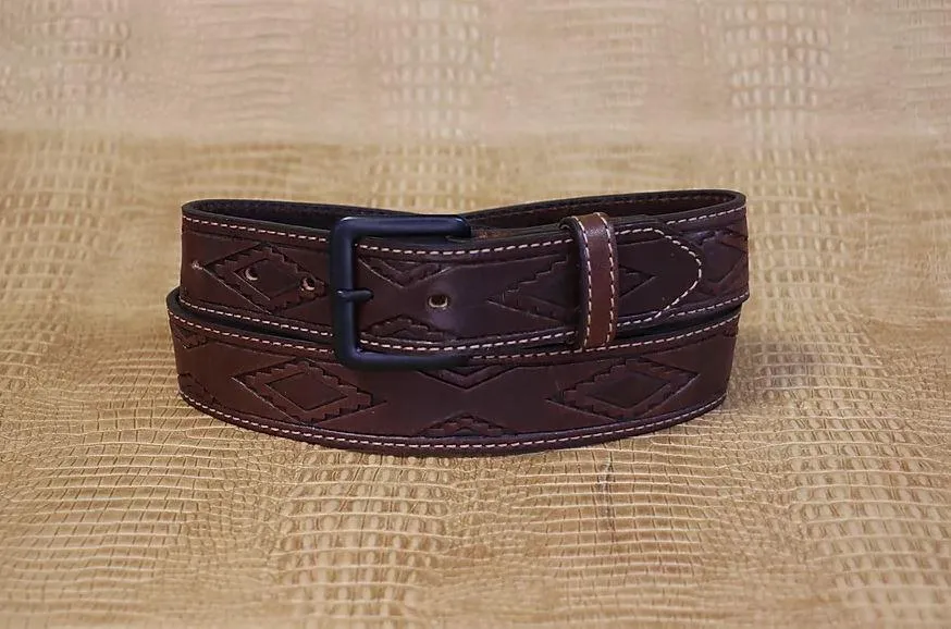 Allegheny Leather Men's Brown Aztec Stamped Leather Belt 2282