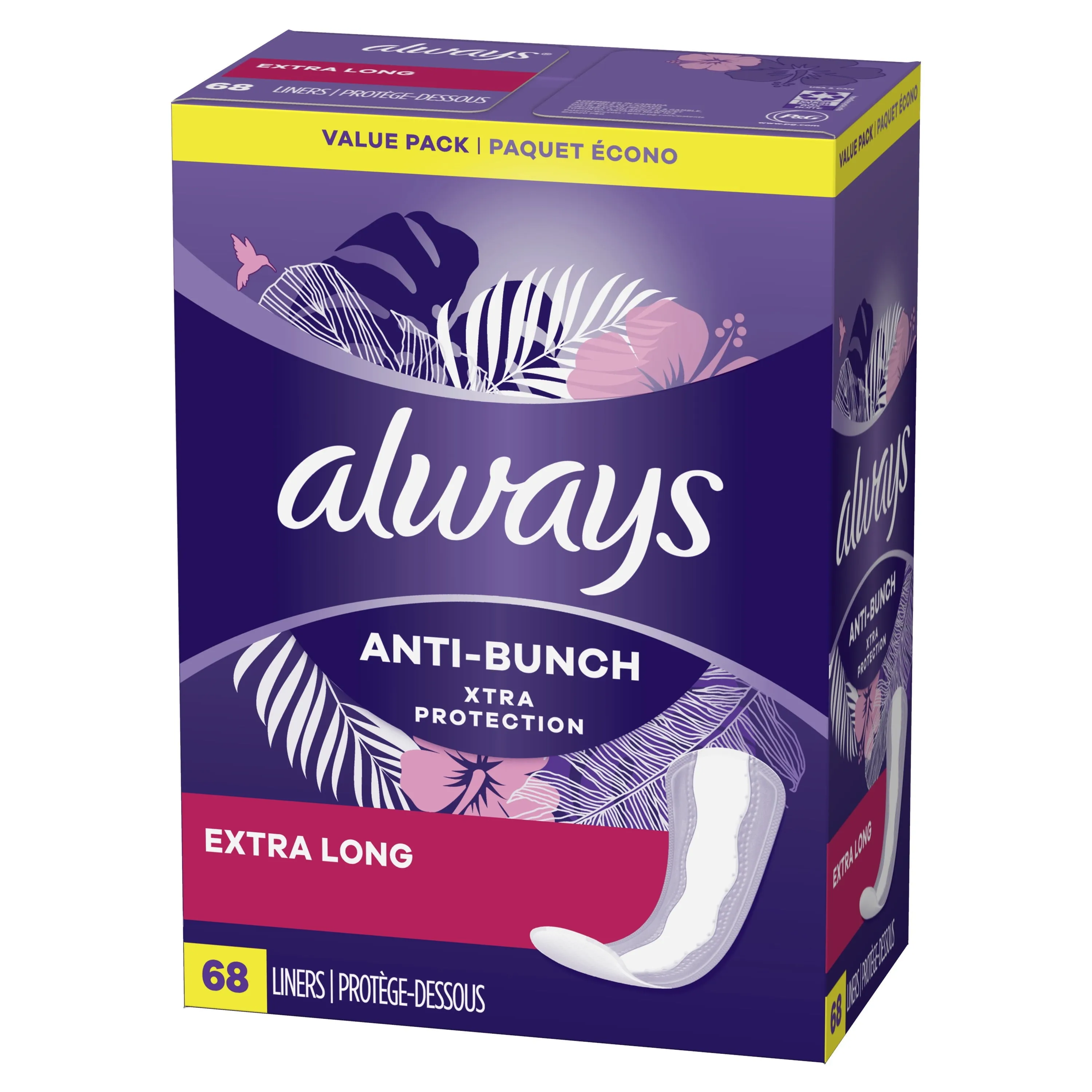 Always Anti-Bunch Xtra Protection Daily Liners Xtra Long Length, 68 Ct