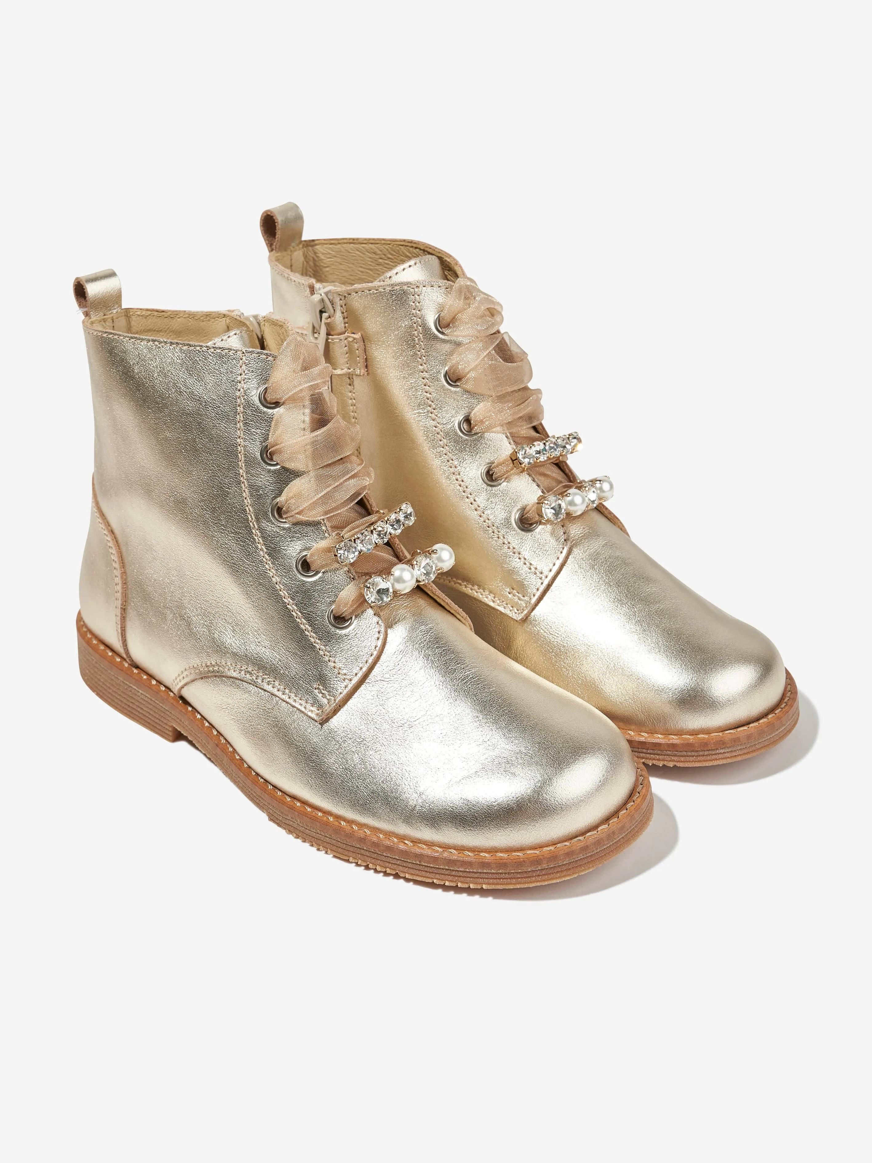 Andanines Girls Riboon Lace Up Boots in Gold