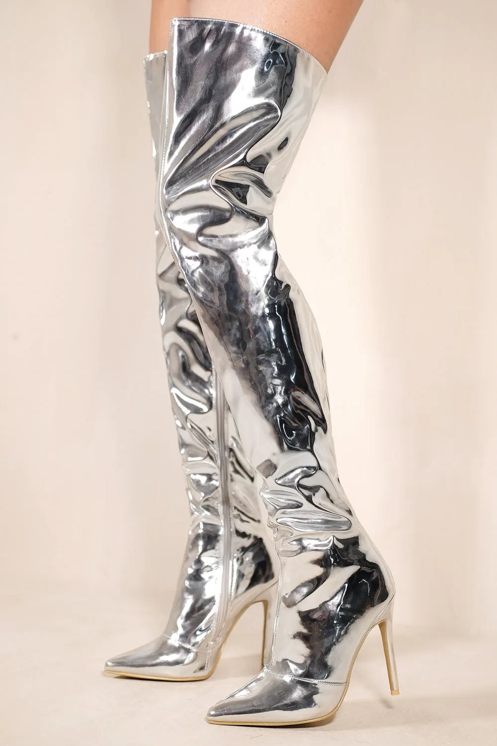 ARIEY STILETTO HEEL KNEE HIGH BOOTS WITH POINTED TOE & SIDE ZIP IN MOON SILVER PATENT FAUX LEATHER