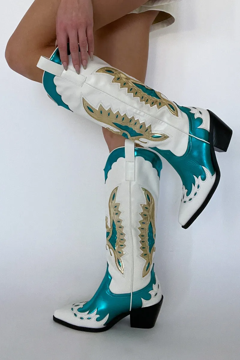 Azalea Wang Apolline Green Metallic Western Boots