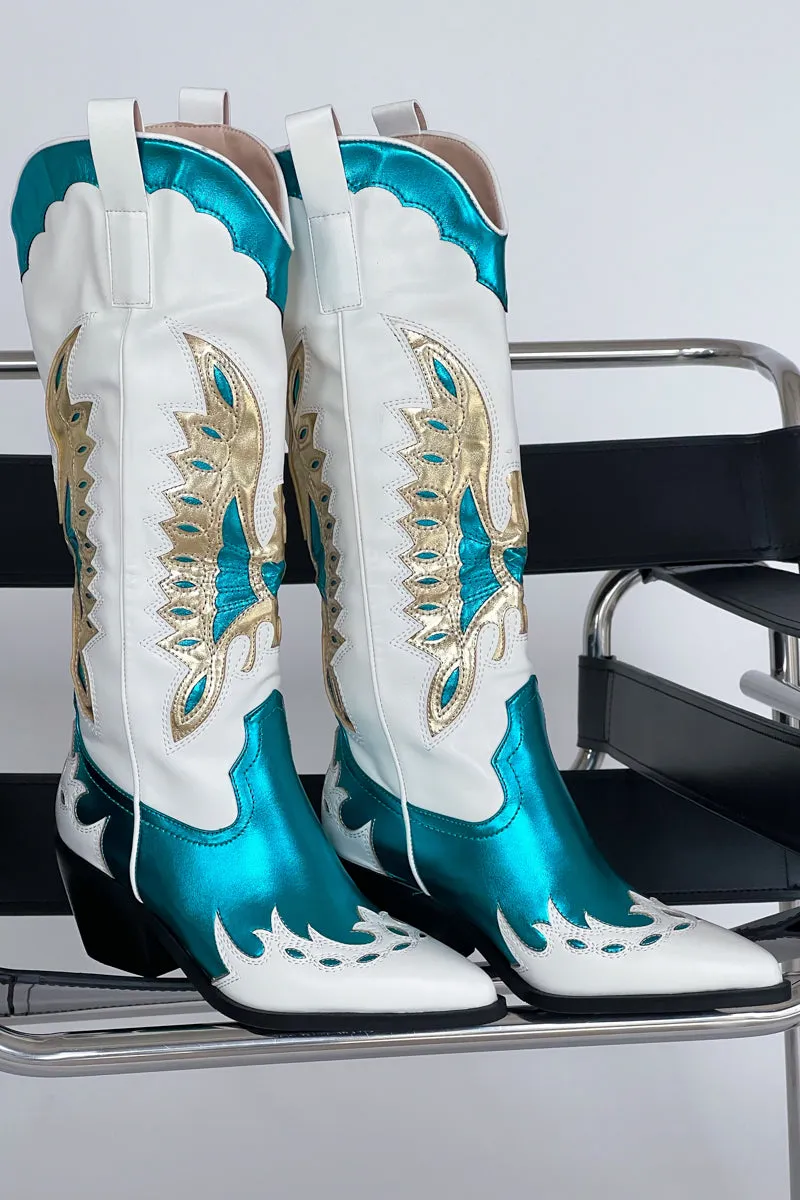 Azalea Wang Apolline Green Metallic Western Boots