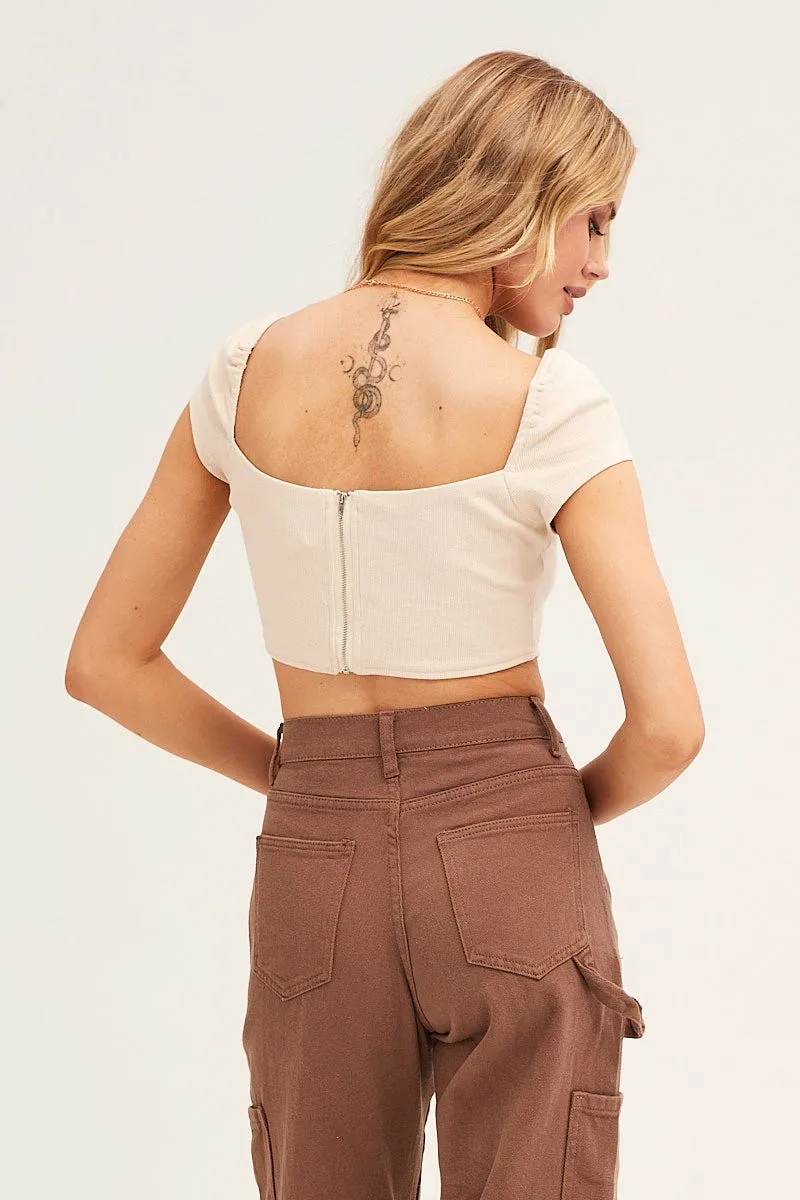 Beige Corset Crop Top Short Sleeve Square Neck