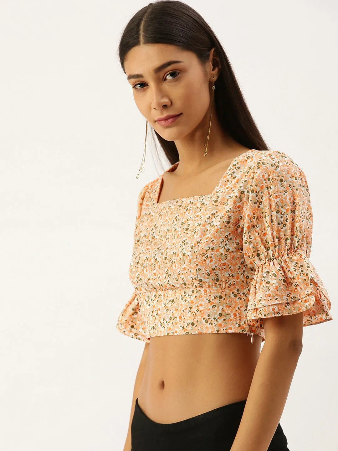 Berrylush Women Orange Square Neck Floral Printed Crop Top