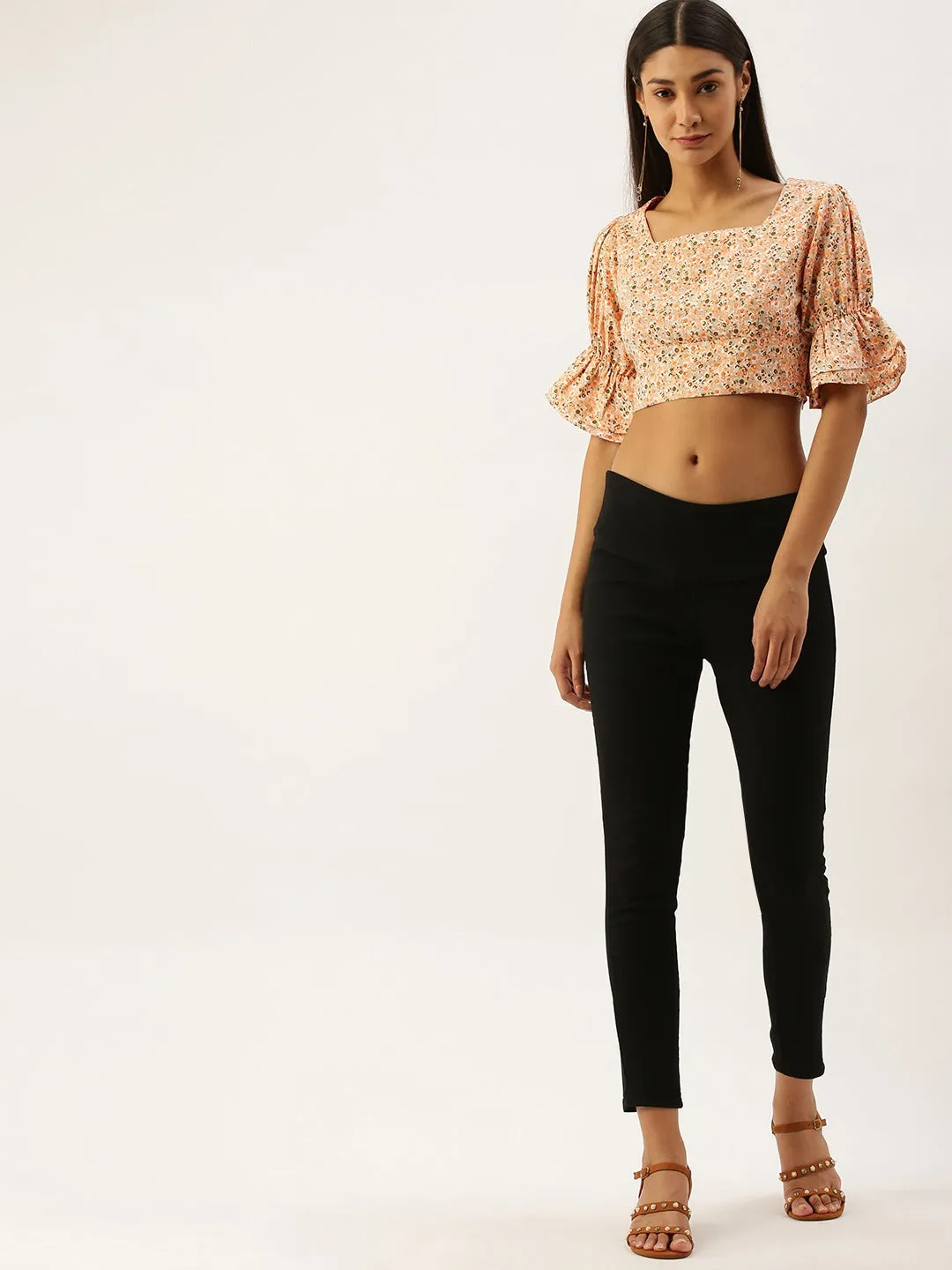 Berrylush Women Orange Square Neck Floral Printed Crop Top