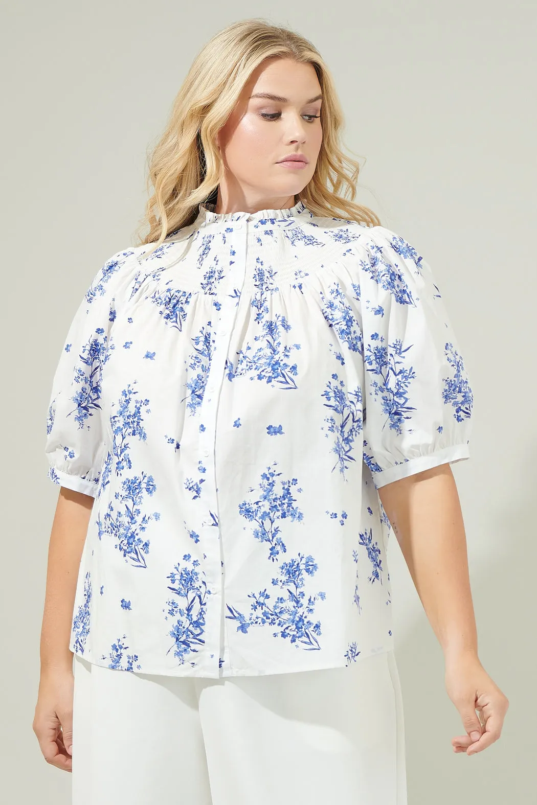 Bestia Floral Blossom Smocked Mock Neck Top Curve