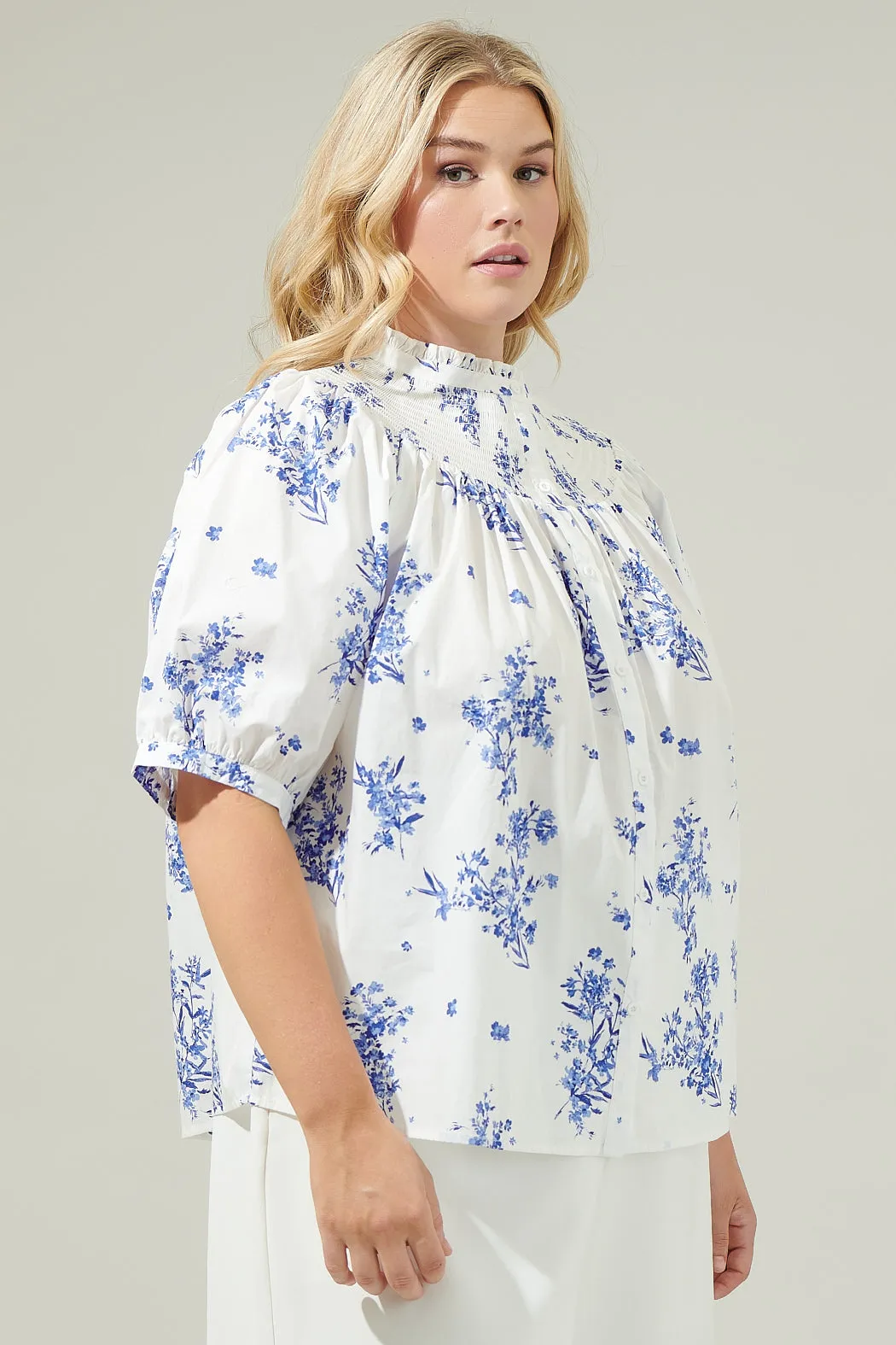 Bestia Floral Blossom Smocked Mock Neck Top Curve