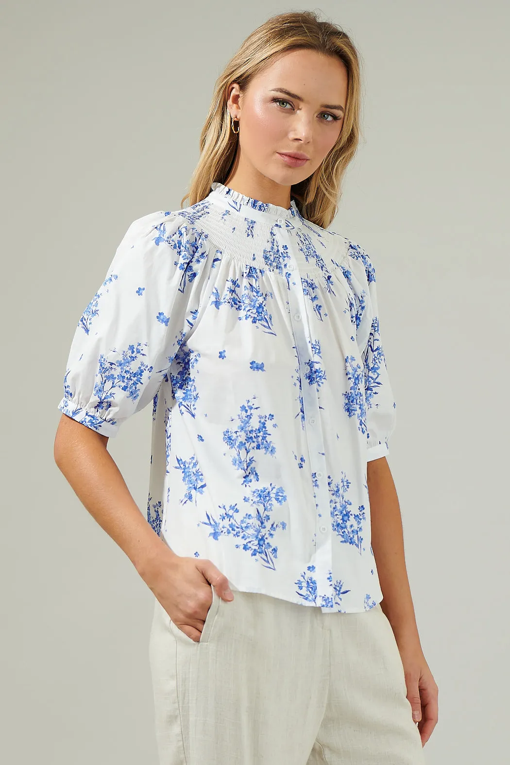 Bestia Floral Blossom Smocked Mock Neck Top