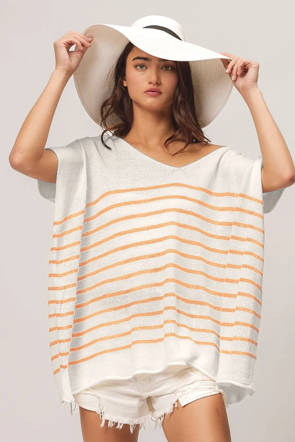 BiBi V Neck Striped Short Sleeve Top - Apricot