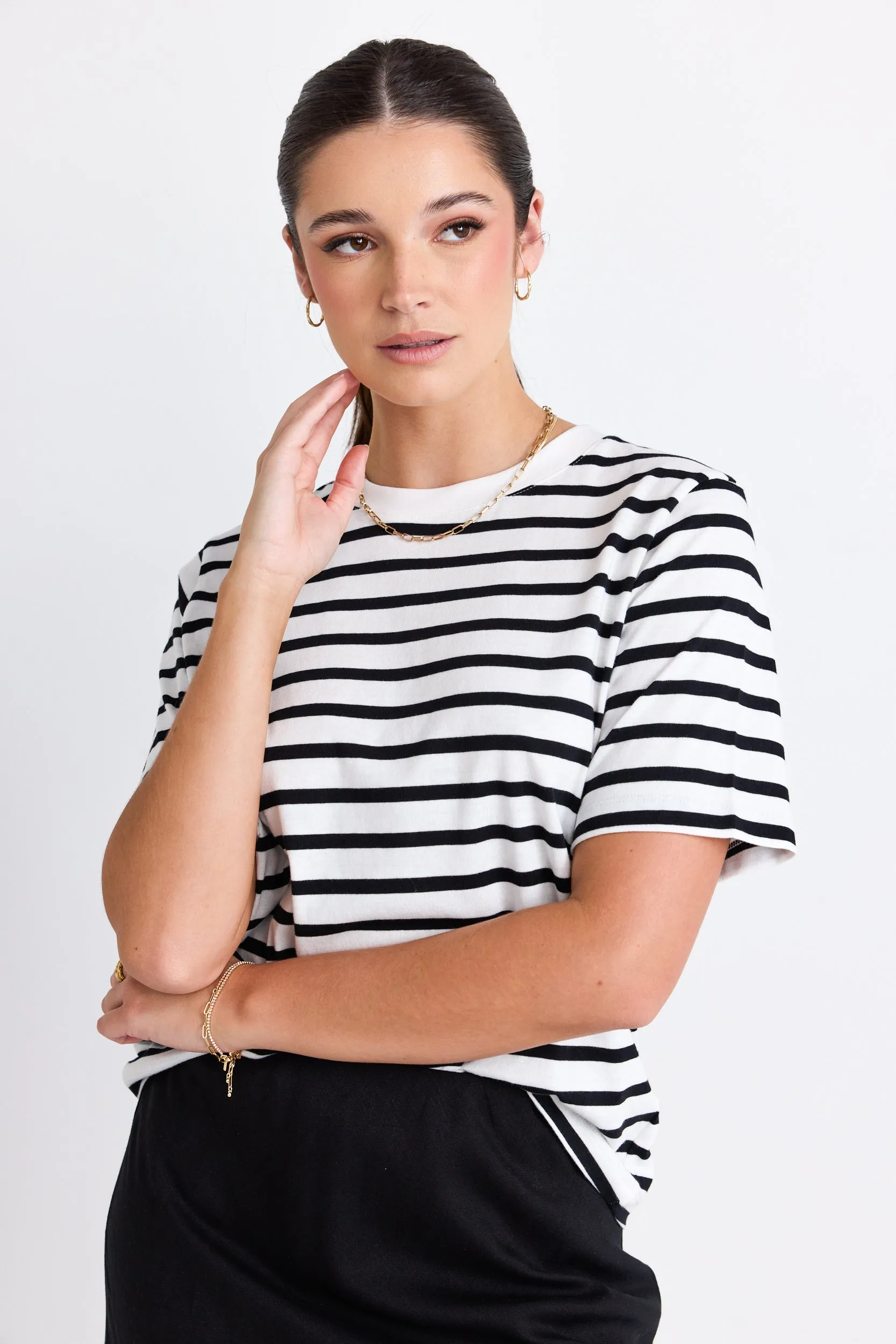 Binding Black White Stripe Boxy Fit Tee