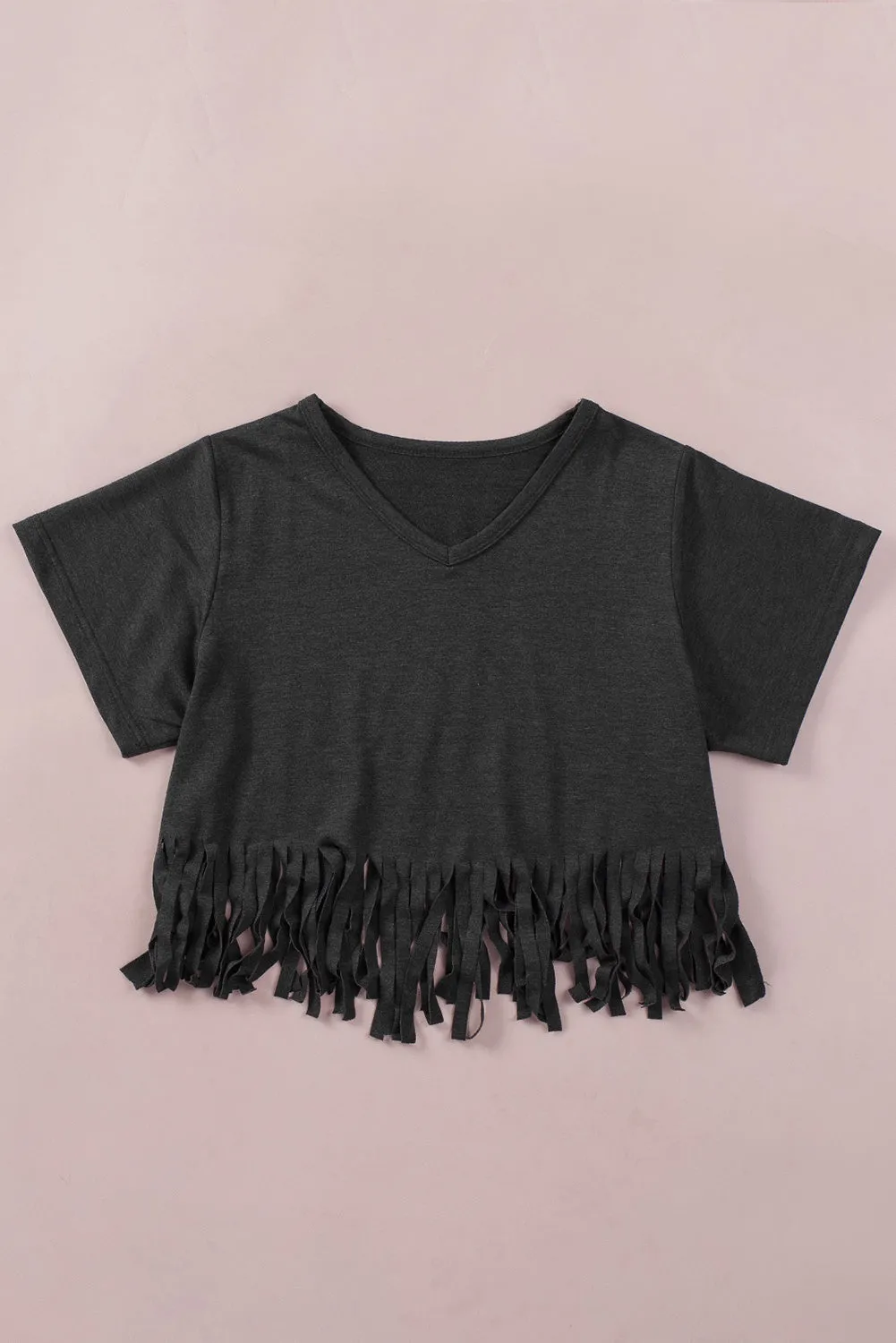 Black Fringe Hem V Neck T Shirt