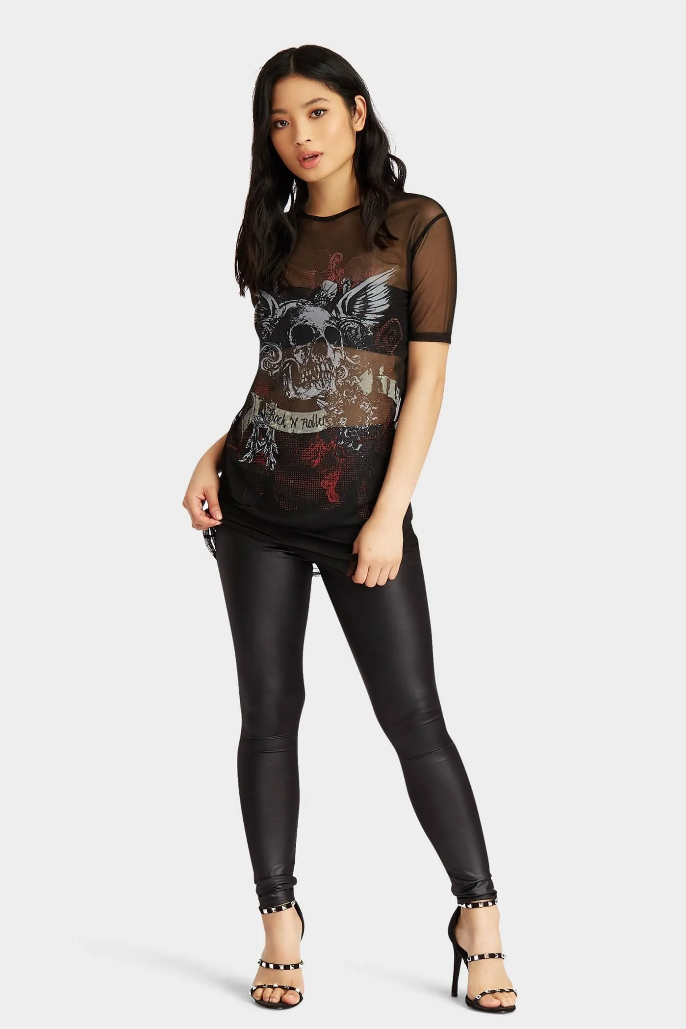 Black Printed Mesh Soft Sleeve T-Shirt