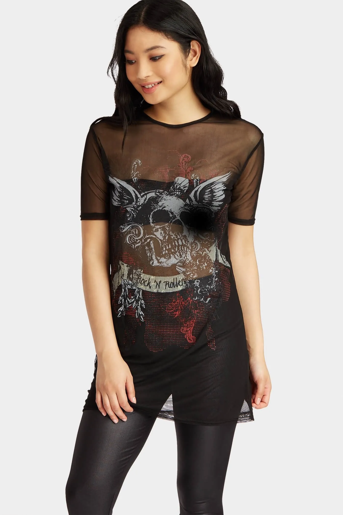 Black Printed Mesh Soft Sleeve T-Shirt