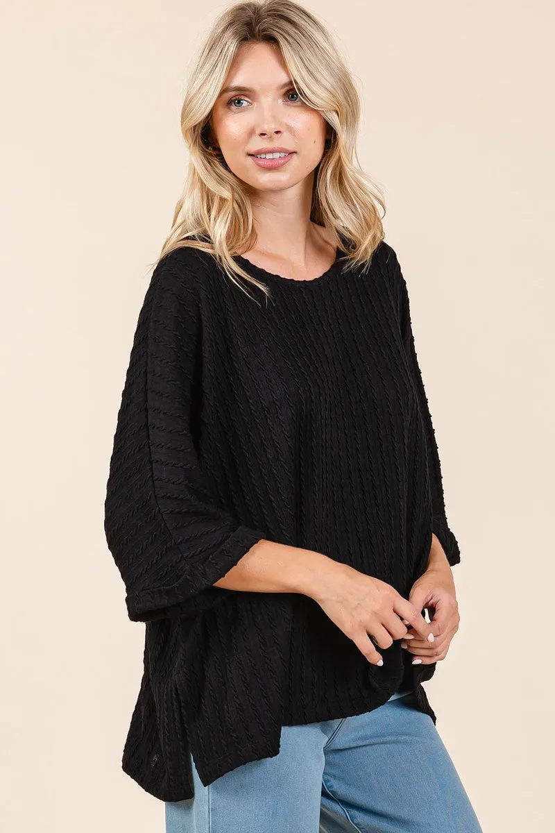 Black Textured Knit Oversized Top