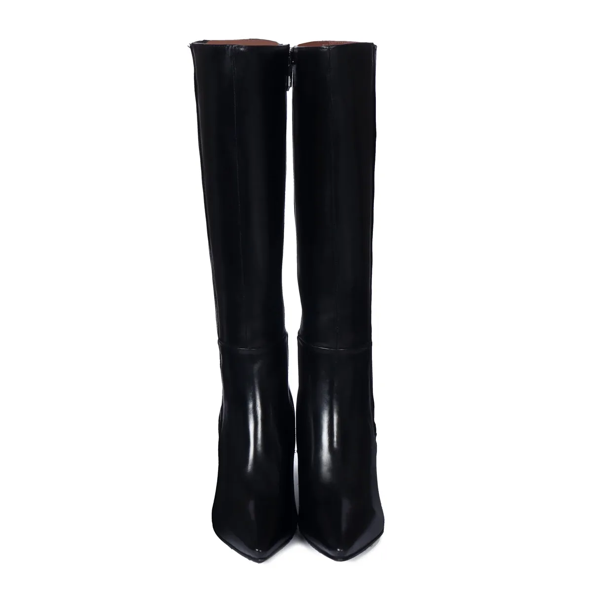 Blocked Heel Adjustable Elastic Pointed Toe Knee-Height Black Leather Ladies Boots By Brune & Barerskin