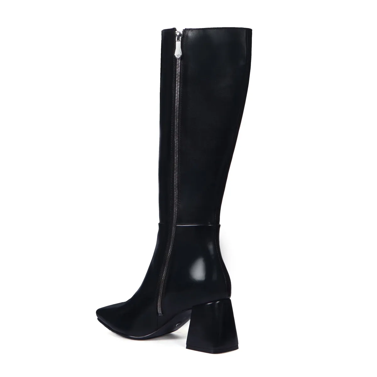 Blocked Heel Adjustable Elastic Pointed Toe Knee-Height Black Leather Ladies Boots By Brune & Barerskin