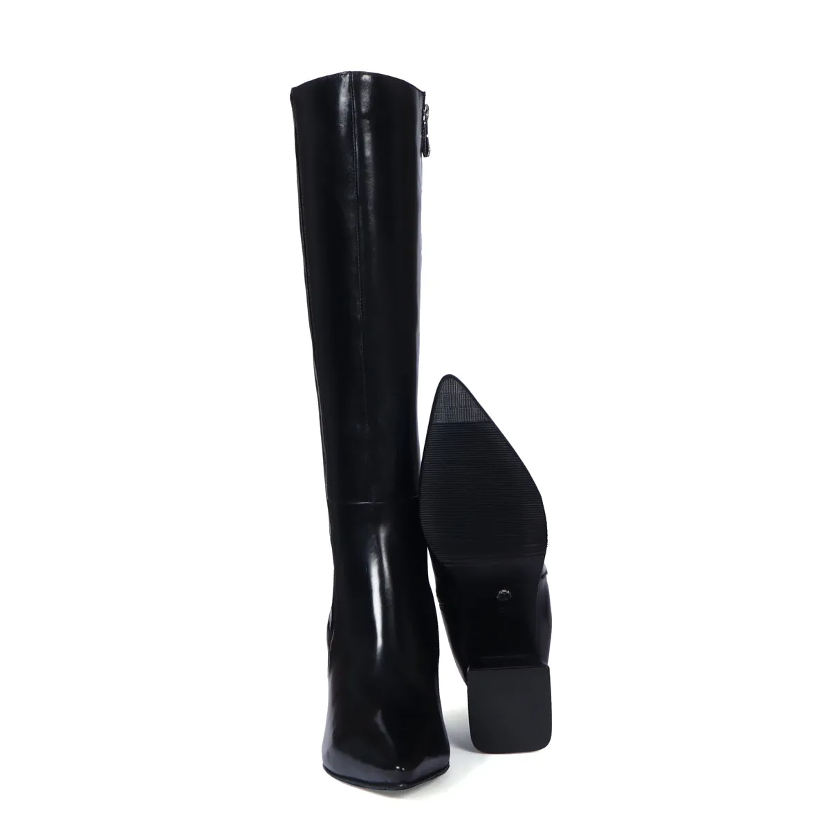 Blocked Heel Adjustable Elastic Pointed Toe Knee-Height Black Leather Ladies Boots By Brune & Barerskin