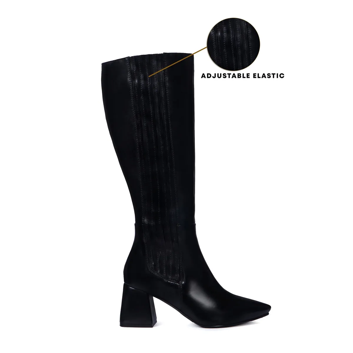 Blocked Heel Adjustable Elastic Pointed Toe Knee-Height Black Leather Ladies Boots By Brune & Barerskin