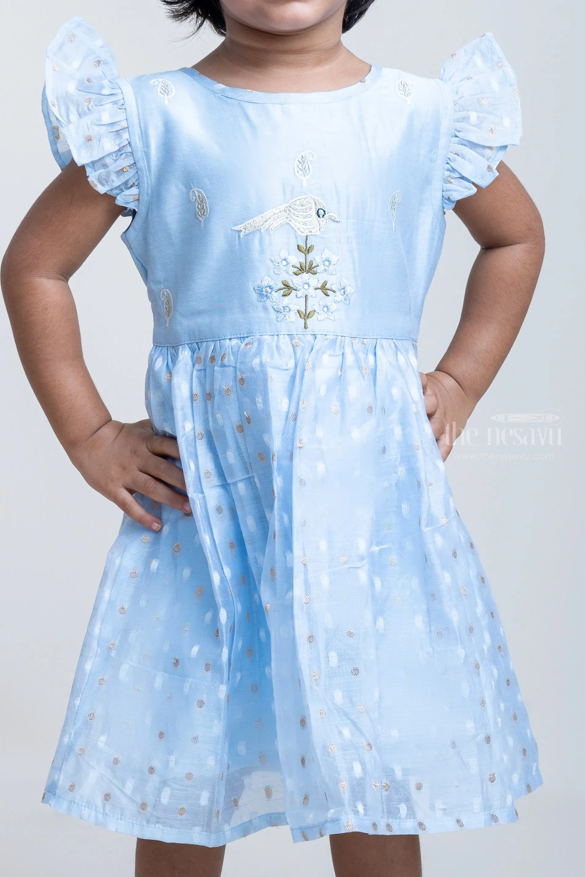 Blue Cotton Frock With Designer Thread Embroidery For Girls