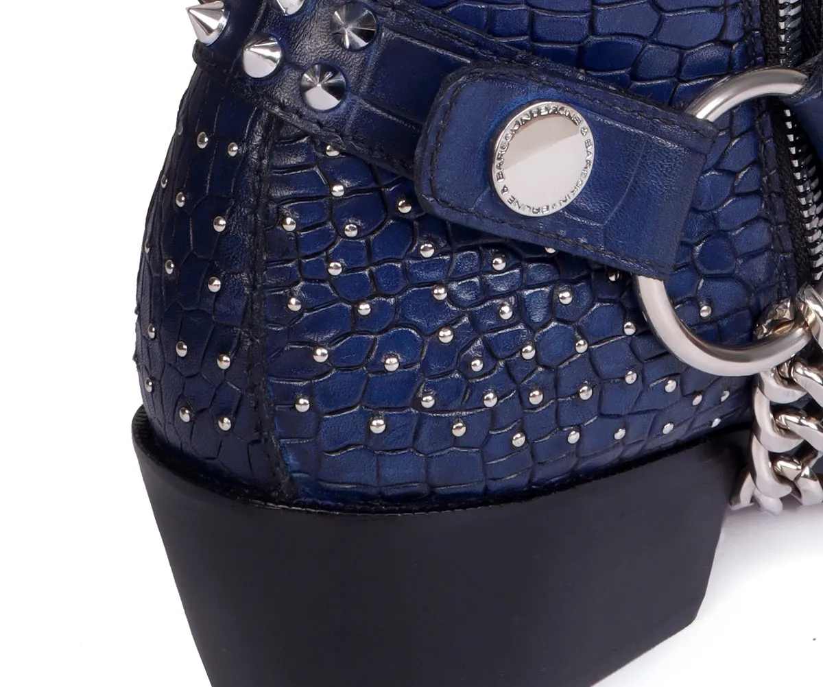 Blue Cuban Heel Boots with Metal Fleck & Silver Studded Buckle Strap in Deep Cut Leather