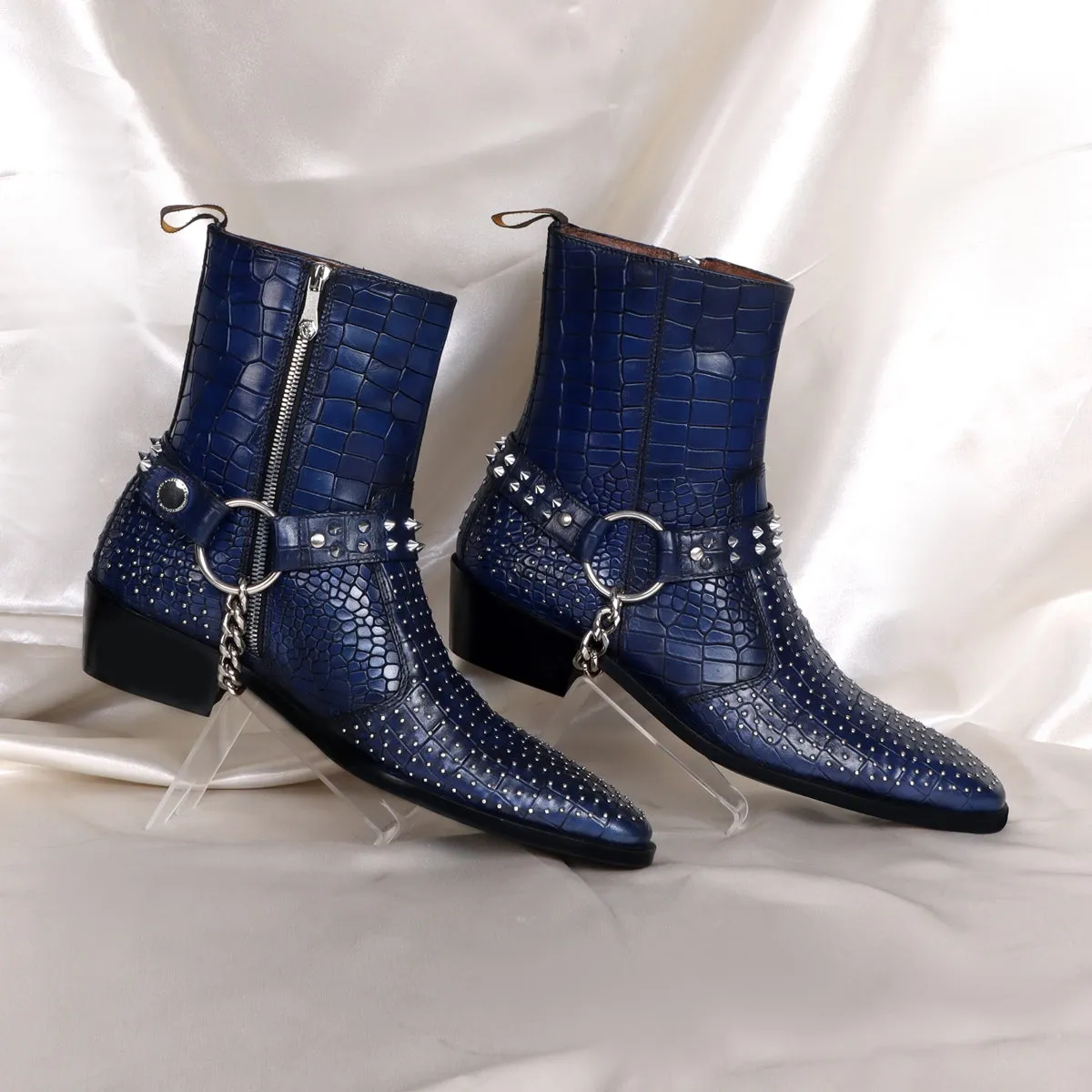 Blue Cuban Heel Boots with Metal Fleck & Silver Studded Buckle Strap in Deep Cut Leather