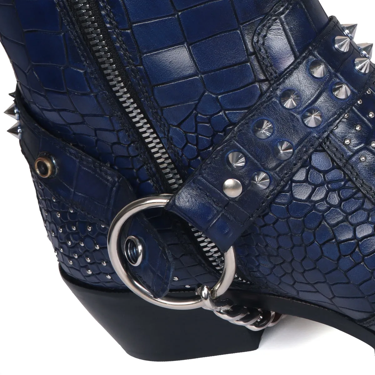 Blue Cuban Heel Boots with Metal Fleck & Silver Studded Buckle Strap in Deep Cut Leather