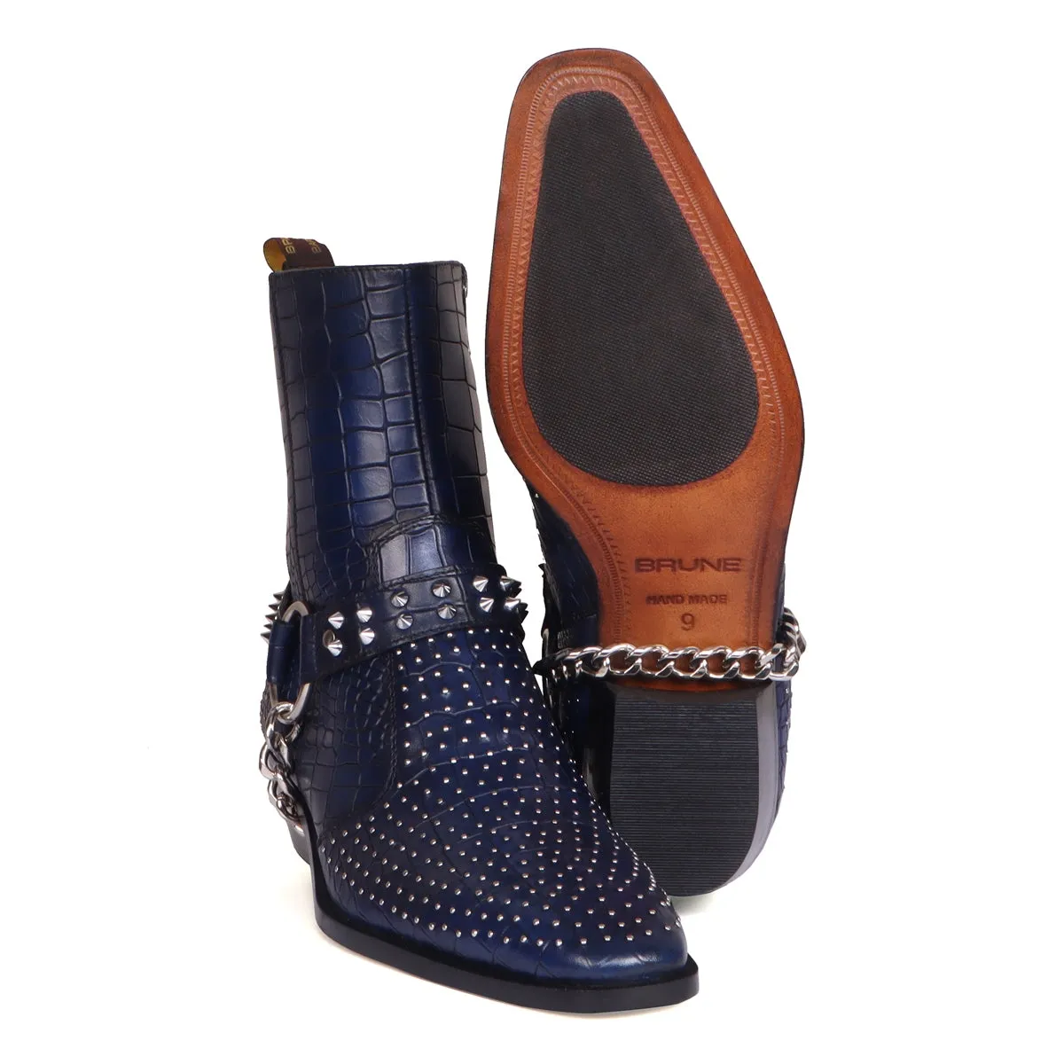 Blue Cuban Heel Boots with Metal Fleck & Silver Studded Buckle Strap in Deep Cut Leather