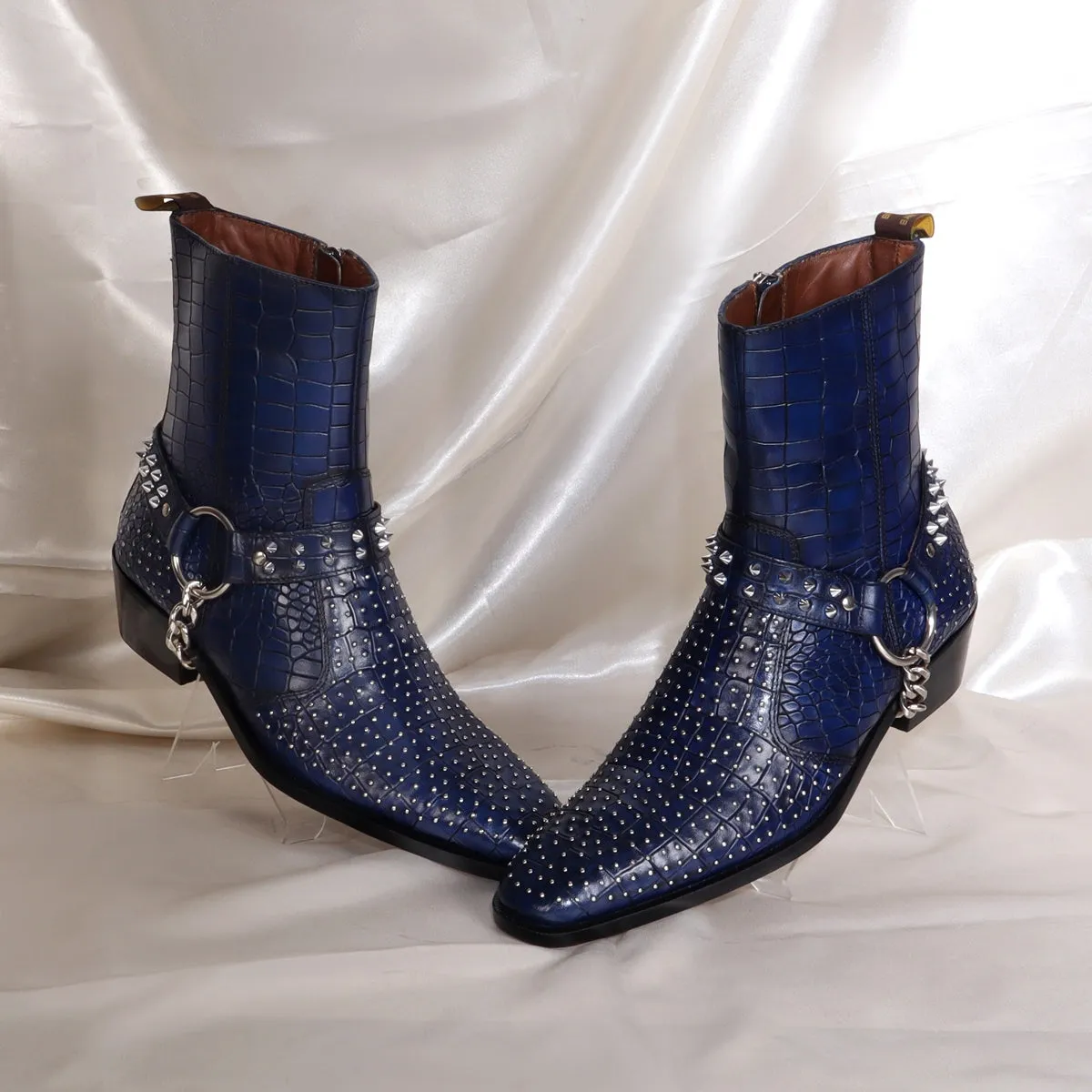 Blue Cuban Heel Boots with Metal Fleck & Silver Studded Buckle Strap in Deep Cut Leather