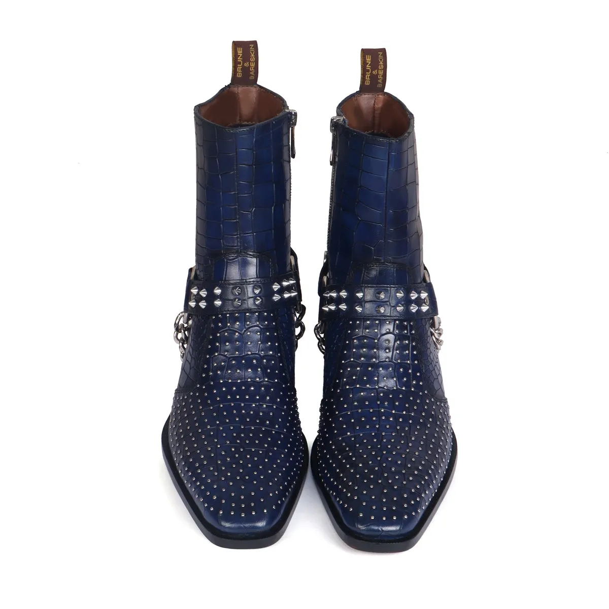 Blue Cuban Heel Boots with Metal Fleck & Silver Studded Buckle Strap in Deep Cut Leather