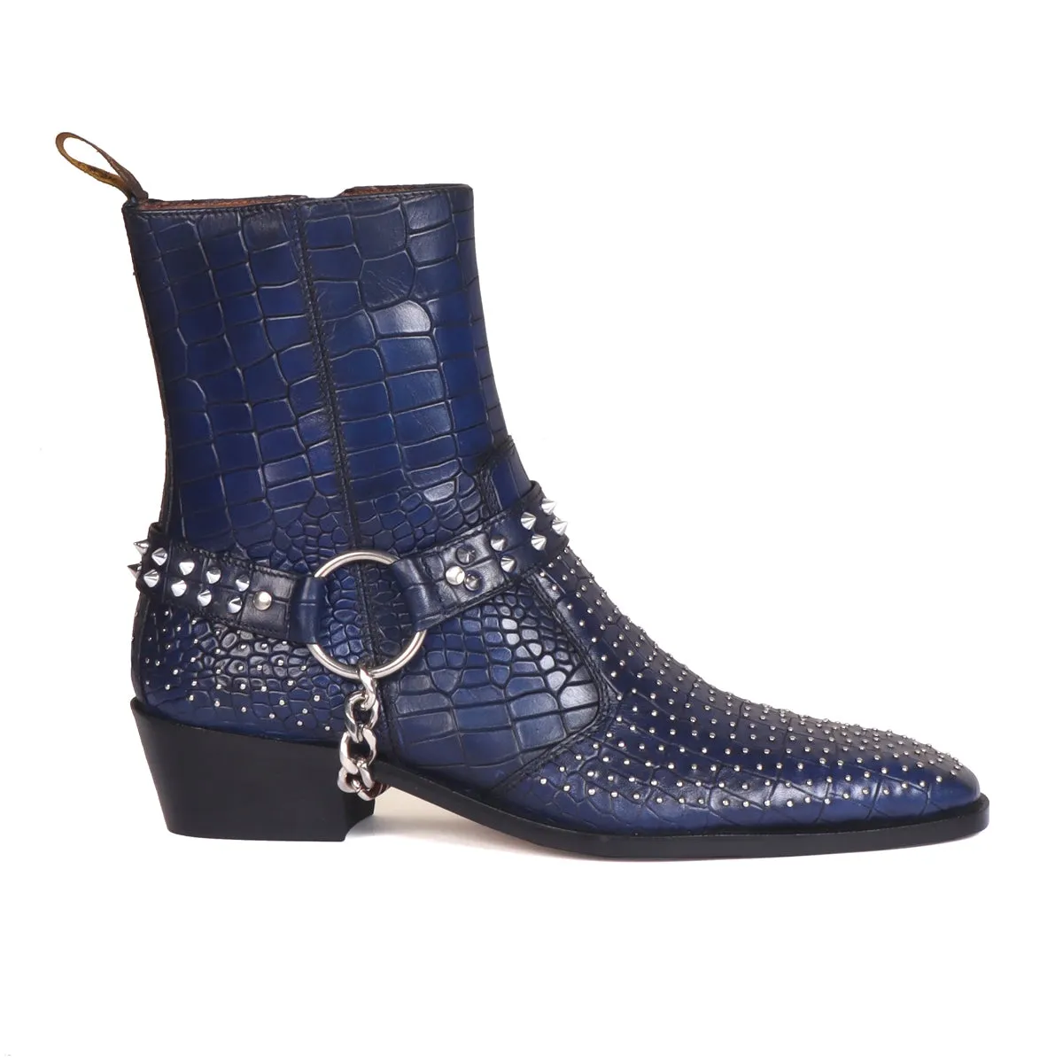 Blue Cuban Heel Boots with Metal Fleck & Silver Studded Buckle Strap in Deep Cut Leather