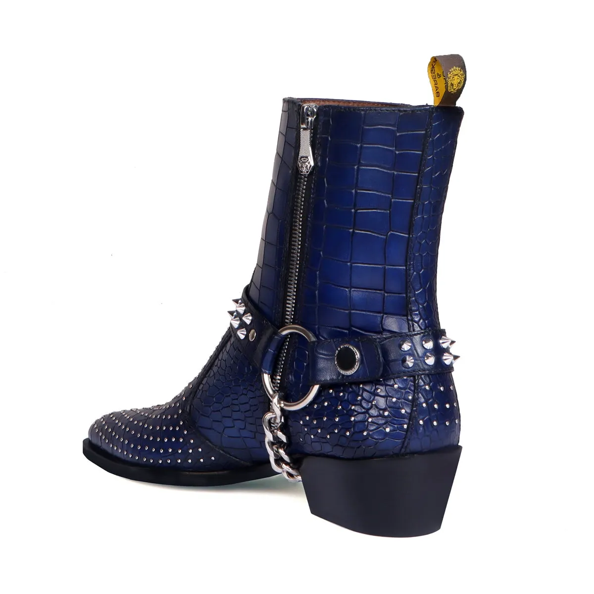 Blue Cuban Heel Boots with Metal Fleck & Silver Studded Buckle Strap in Deep Cut Leather