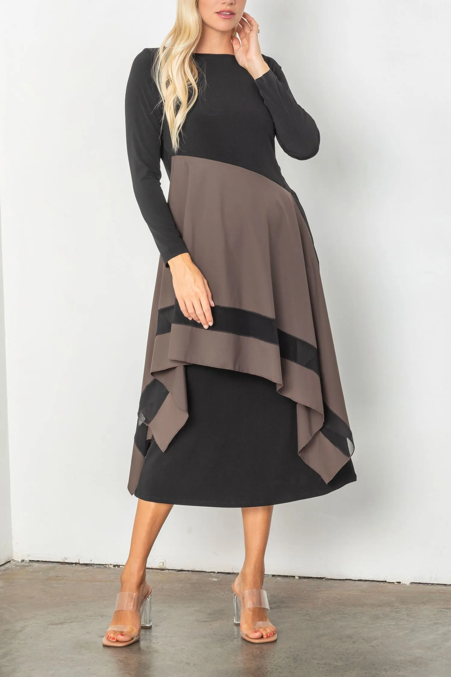 Boat Neck Asymmetrical Layer Mix Dress