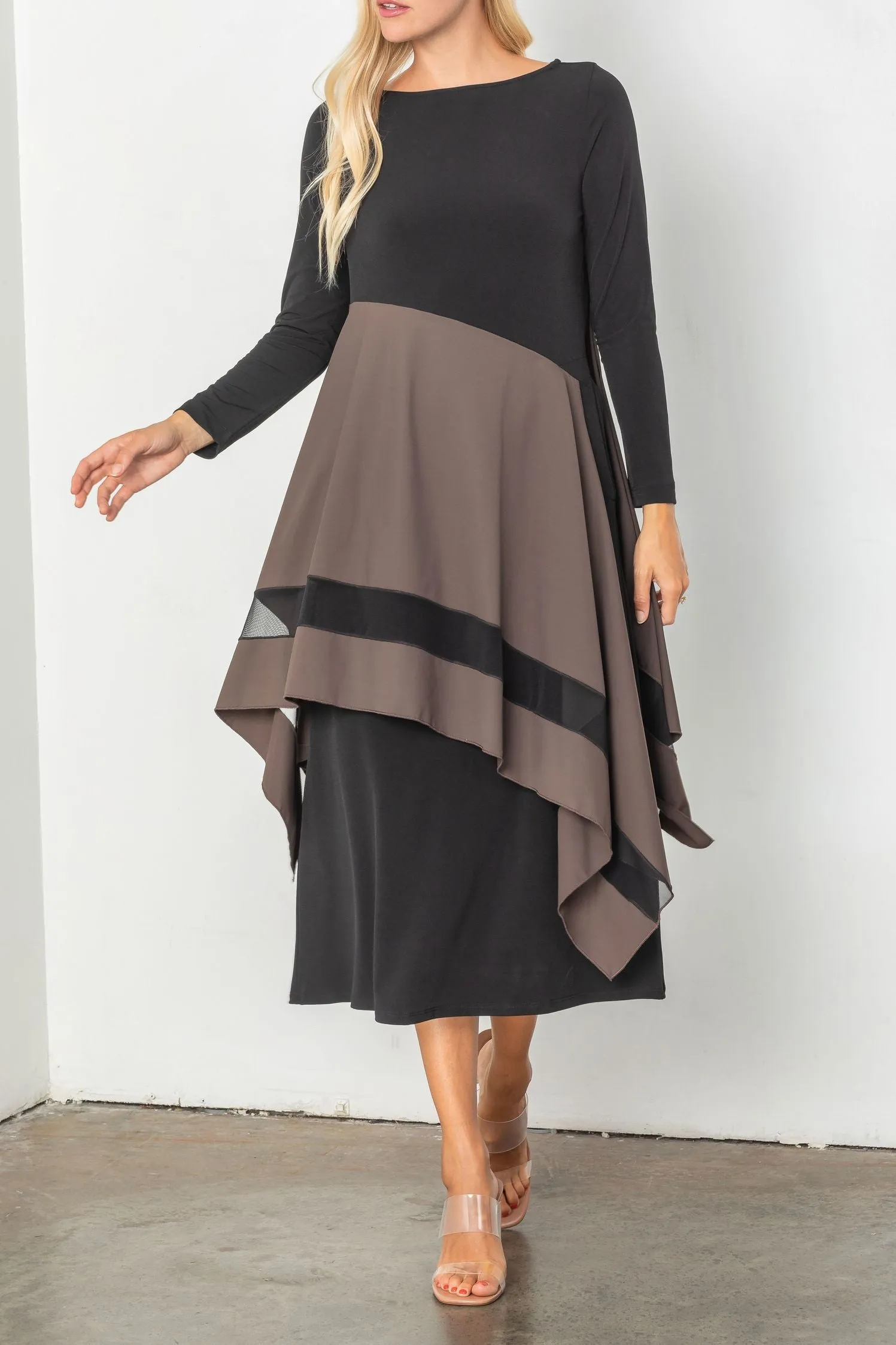 Boat Neck Asymmetrical Layer Mix Dress