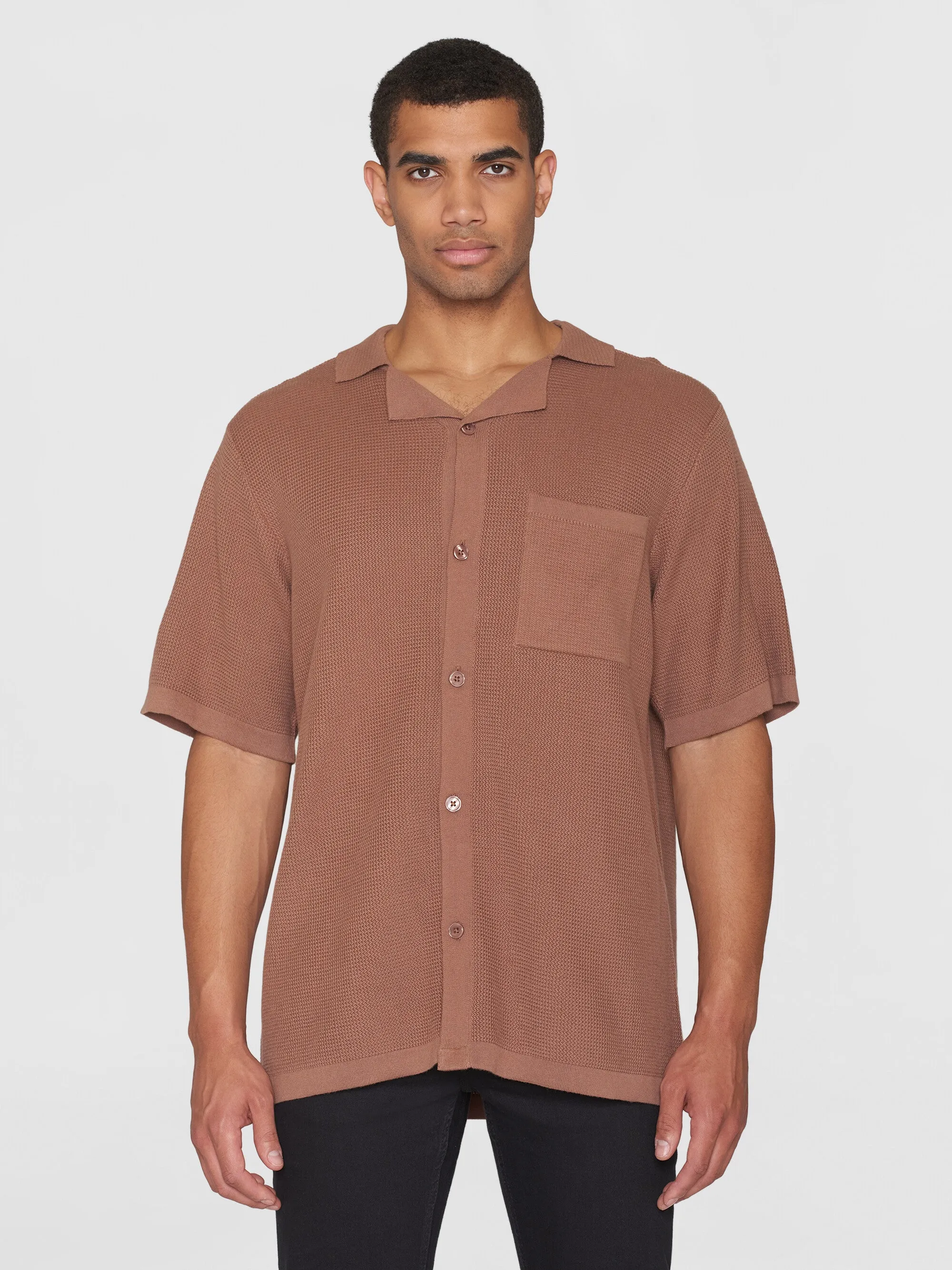 Boxy short sleeve structured knitted shirt - Regenerative Organic Certified™ - GOTS/Vegan - Chocolate Malt