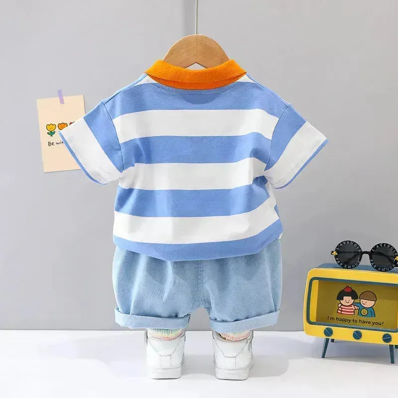 Boys' Summer Short Sleeve Korean Style Lapel Polo Shirt and Short Pant Two piece for boys