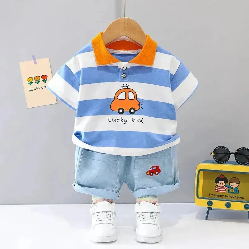 Boys' Summer Short Sleeve Korean Style Lapel Polo Shirt and Short Pant Two piece for boys