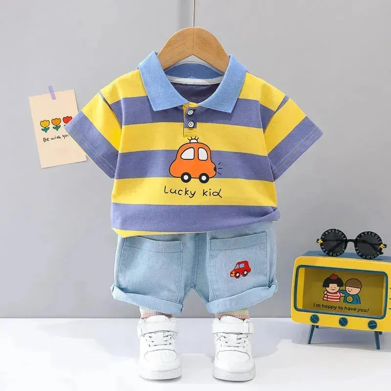 Boys' Summer Short Sleeve Korean Style Lapel Polo Shirt and Short Pant Two piece for boys