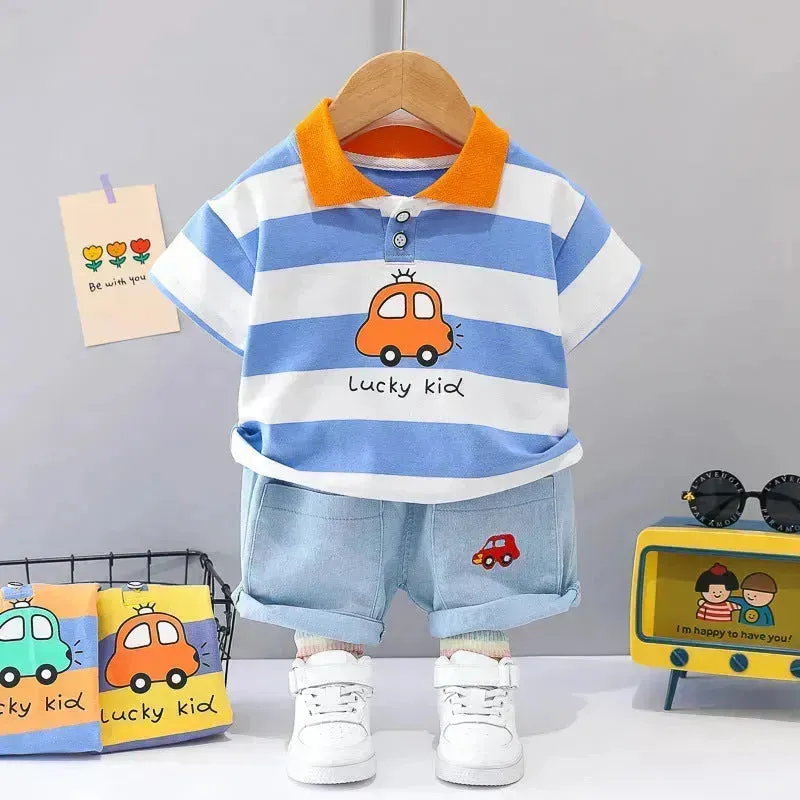 Boys' Summer Short Sleeve Korean Style Lapel Polo Shirt and Short Pant Two piece for boys