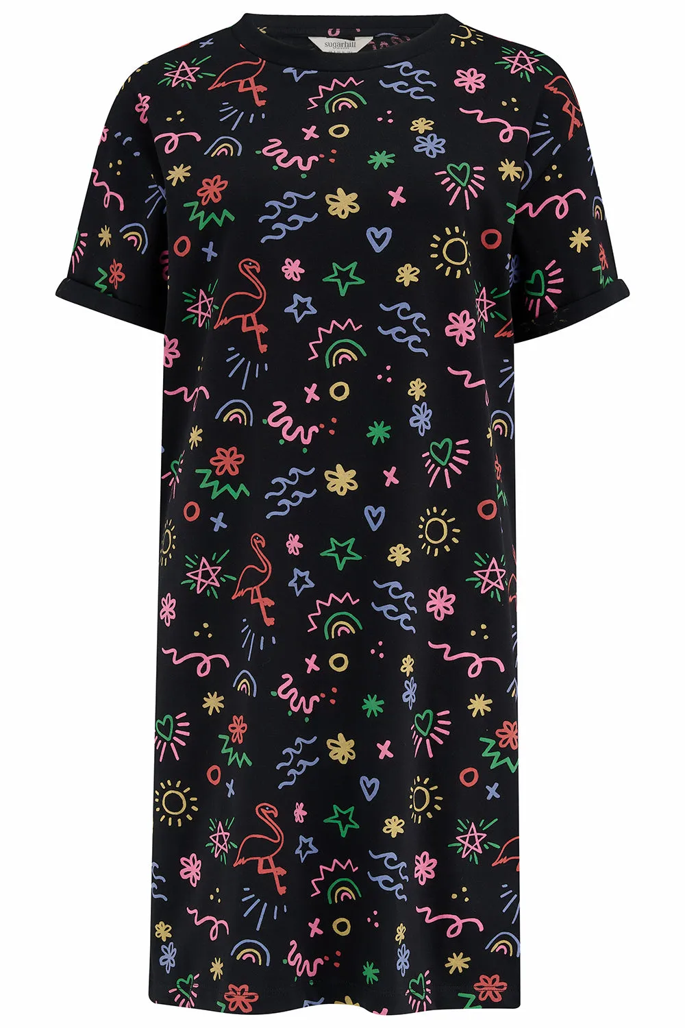 Brandie T-Shirt Dress - Black, Flamingo Doodle